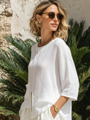 Women's Classic "Old Money" Style Skin-Friendly Cotton-Linen Three-Quarter Sleeve Top ZMZ0516F3SWL