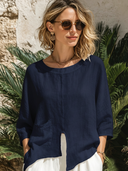 Women's Classic "Old Money" Style Skin-Friendly Cotton-Linen Three-Quarter Sleeve Top ZMZ0516F3SWL