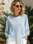 Women's Classic "Old Money" Style Skin-Friendly Cotton-Linen Three-Quarter Sleeve Top ZMZ0516F3SWL