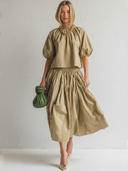 Women's Casual Minimalist Cotton Crew-Neck Lantern-Sleeve Top And Skirt Set ZMZ0532F4ZYY