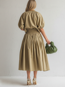 Women's Casual Minimalist Cotton Crew-Neck Lantern-Sleeve Top And Skirt Set ZMZ0532F4ZYY