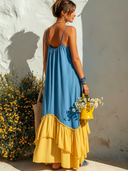 Women's Casual Resort-Style V-Neck, Spaghetti Straps, And Cotton-Linen Panel Design  Loose Maxi Dress ZMZ0566F6ZYY