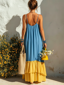 Women's Casual Resort-Style V-Neck, Spaghetti Straps, And Cotton-Linen Panel Design  Loose Maxi Dress ZMZ0566F6ZYY