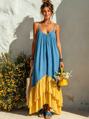 Women's Casual Resort-Style V-Neck, Spaghetti Straps, And Cotton-Linen Panel Design  Loose Maxi Dress ZMZ0566F6ZYY