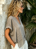 Women's Vintage Grey Washed Cotton V-Neck Short-Sleeve Top With Sheer Hem ZMZ0571F9SWL