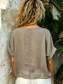Women's Vintage Grey Washed Cotton V-Neck Short-Sleeve Top With Sheer Hem ZMZ0571F9SWL