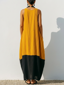 Women's Ethnic Resort Style Crinkle Linen-Blend Color Block Sleeveless Pocket Midi Dress ZMZ0562F6YZH