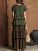Women's Boho Retro Style Tiered Ruffle Short Sleeve Top & Layered Wide Leg Pants Set ZMZ0502F7YZH
