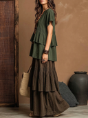Women's Boho Retro Style Tiered Ruffle Short Sleeve Top & Layered Wide Leg Pants Set ZMZ0502F7YZH