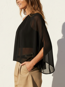 Women's Elegant Resort Style Chiffon One Shoulder Flare Sleeve Semi Sheer Crop Blouse ZMZ0544F5YZH