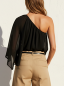 Women's Elegant Resort Style Chiffon One Shoulder Flare Sleeve Semi Sheer Crop Blouse ZMZ0544F5YZH