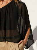 Women's Elegant Resort Style Chiffon One Shoulder Flare Sleeve Semi Sheer Crop Blouse ZMZ0544F5YZH