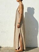 Women's Natural Minimal Style Linen-Blend Adjustable Strap Gathered Side Slit Maxi Dress ZMZ0546F5YZH