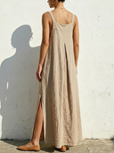 Women's Natural Minimal Style Linen-Blend Adjustable Strap Gathered Side Slit Maxi Dress ZMZ0546F5YZH