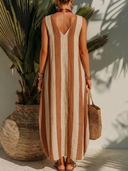Women's Coastal Style Linen-Blend Vertical Stripe Sleeveless V-Neck Pocket Maxi Dress ZMZ0584F1YZH