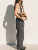 Women's Vintage Retro Style Linen-Blend Vertical Stripe Loose Wide Leg Overall Jumpsuit ZMZ0571F9YZH