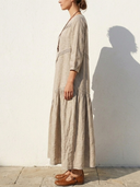 Women's Natural Casual Style Linen Diagonal Stitch Tiered Three-Quarter Sleeve Maxi Dress ZMZ0514F5YZH