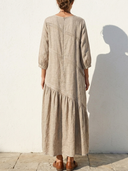 Women's Natural Casual Style Linen Diagonal Stitch Tiered Three-Quarter Sleeve Maxi Dress ZMZ0514F5YZH