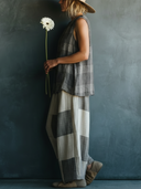 Women's Wabi-Sabi Style Rayon Print Sleeveless Tunic Top & Patchwork Wide Leg Pants Set ZMZ0597F4YZH