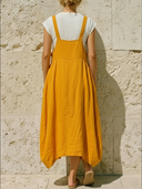 Women's Casual Cottage Style Linen-Blend Button Front Gathered Pocket Overall Midi Dress ZMZ0505F3YZH