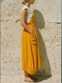 Women's Casual Cottage Style Linen-Blend Button Front Gathered Pocket Overall Midi Dress ZMZ0505F3YZH