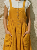 Women's Casual Cottage Style Linen-Blend Button Front Gathered Pocket Overall Midi Dress ZMZ0505F3YZH