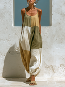 Women's Color-blocked Cotton And Linen Jumpsuit ZMZ0832F9XT