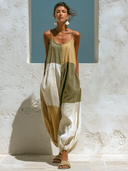 Women's Color-blocked Cotton And Linen Jumpsuit ZMZ0832F9XT