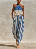 Women's Cotton-Linen Color-Block Top And Striped Trousers Two-Piece Set ZMZ0871F5XT