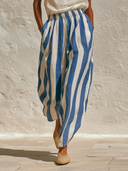 Women's Cotton-Linen Color-Block Top And Striped Trousers Two-Piece Set ZMZ0871F5XT