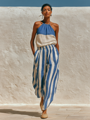 Women's Cotton-Linen Color-Block Top And Striped Trousers Two-Piece Set ZMZ0871F5XT