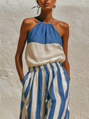 Women's Cotton-Linen Color-Block Top And Striped Trousers Two-Piece Set ZMZ0871F5XT