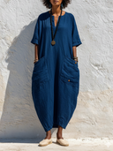Women's Solid-Color Cotton-Linen V-Neck Short-Sleeve Maxi Dress ZMZ0824F7XT
