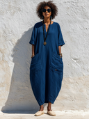 Women's Solid-Color Cotton-Linen V-Neck Short-Sleeve Maxi Dress ZMZ0824F7XT