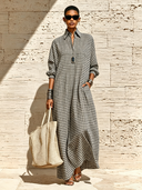 Women's Casual Plaid Long-Sleeve Maxi Dress With Collar ZMZ0802F7XT