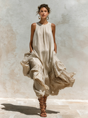 Women's Casual Linen Striped Round Neck Sleeveless Maxi Dress ZMZ0874F3XT