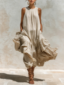 Women's Casual Linen Striped Round Neck Sleeveless Maxi Dress ZMZ0874F3XT