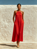 Women's Solid-Color Halter-Neck Chiffon Midi Dress ZMZ0860F7XT