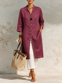 Women's Solid Color Cotton Linen Stand Collar Single-breasted Long-sleeved Midi Dress ZMZ0817F6XT