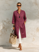 Women's Solid Color Cotton Linen Stand Collar Single-breasted Long-sleeved Midi Dress ZMZ0817F6XT