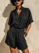 Women's Casual Solid-Color Cotton-Linen Short-Sleeve Top And Shorts Two-Piece Set ZMZ0822F6XT