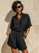 Women's Casual Solid-Color Cotton-Linen Short-Sleeve Top And Shorts Two-Piece Set ZMZ0822F6XT