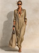 Women's Solid-Color Single-Breasted Pleated Maxi Dress ZMZ0808F0XT