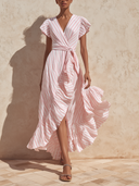 Women's Elegant Striped V-Neck Short-Sleeve Maxi Dress ZMZ0829F5XT