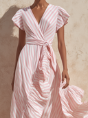Women's Elegant Striped V-Neck Short-Sleeve Maxi Dress ZMZ0829F5XT
