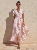 Women's Elegant Striped V-Neck Short-Sleeve Maxi Dress ZMZ0829F5XT