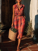Women's Vintage Western Style Rayon Blend Plaid Sleeveless Belted Shirt Midi Dress ZMZ0887F3YZH