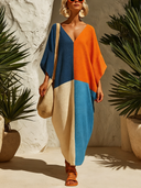 Women’s Summer Holiday Four-Color Patchwork Linen V Neck Relaxed Fit Caftan Maxi Dress ZMZ0869F5SWL