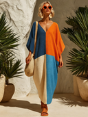 Women’s Summer Holiday Four-Color Patchwork Linen V Neck Relaxed Fit Caftan Maxi Dress ZMZ0869F5SWL