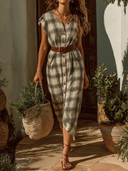 Women's Rustic Cottage Style Rayon Blend Plaid Short Sleeve Belted Button Down Midi Dress ZMZ0861F0YZH